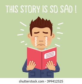 Illustration of a businessman reading a book and crying. Businessman reading a sad story. Flat style vector illustration