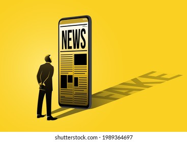 An illustration of a businessman reading fake news on mobile phone on yellow background