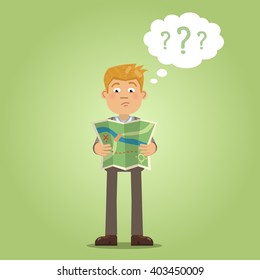 Illustration of a businessman reading a map. Confused businessman holding a map and thinking. Orienteering concept. Flat style vector illustration