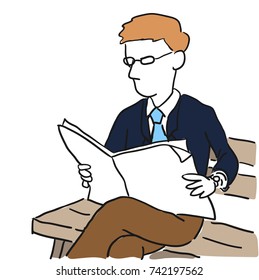 Illustration businessman reading newspaper on wooden bench - Simple line drawing Illustration.