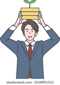 An illustration of a businessman recommending investment in mutual funds. The sprouts growing from a medal represent the growth of assets.
