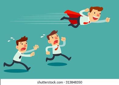 Illustration of businessman with red cape fly pass his competitor