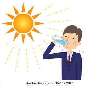 It is an illustration of a businessman rehydrating for heat stroke.