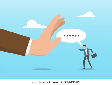 An illustration of a businessman rejecting or denying an employee request. Deny request or manager decision authority, work conflict concept