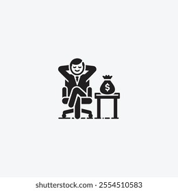 Illustration of a businessman relaxing confidently next to a money bag, symbolizing financial success and wealth. Ideal for concepts of business prosperity and financial assurance.