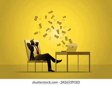 An illustration of businessman relaxing while receiving money transfer from lap top computer. Online business, freelancer, investment concept
