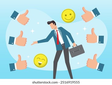 An illustration of businessman respected by colleagues giving thumbs up for his help and success. Appreciate or acknowledge coworker, gratitude concept, 