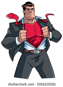 Illustration of businessman revealing his true identity of powerful superhero.