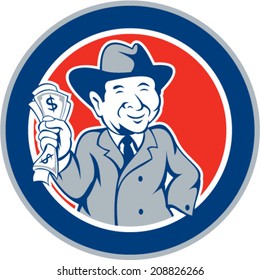 Illustration of a businessman rich man holding money facing front smiling set inside circle done in cartoon style on isolated background. 