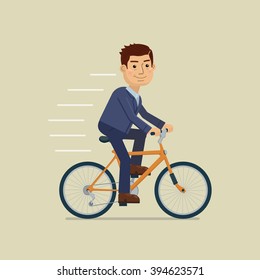 Illustration of a businessman riding bike. Cheerful businessman cycling isolated on abstract background. Eco transport, healthy lifestyle, sport. Flat style vector illustration