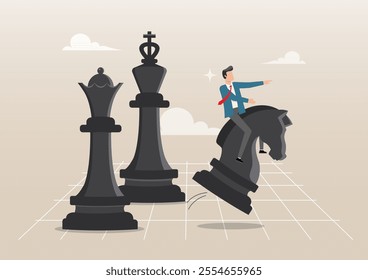 An illustration of businessman riding chess knight lead team to win chess victory. Strategic move, leadership to lead team with strategy, courage and confidence to win business competition concept