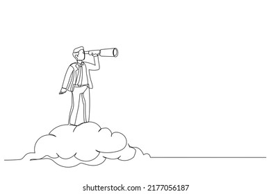 Ilustración de empresario montando en la nube telescopio o binocular para buscar visionario de negocios. Oportunidad, concepto de objetivo de empresa de visión. Un estilo de arte de línea continua
