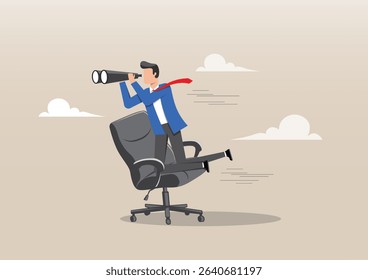 An illustration of a businessman riding a fast-moving office chair while looking ahead through binoculars. This image symbolizes dynamic foresight, ambition, and the pursuit of future opportunities
