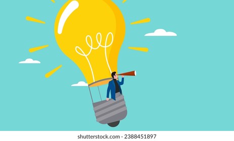 Illustration of a businessman riding a light bulb-shaped hot air balloon to observe business opportunities, looking for business opportunities with knowledge, business and motivational illustration