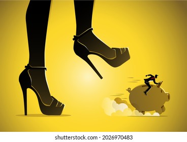 An illustration of businessman riding piggy bank and running under a dangerous woman foot ready to step on it.