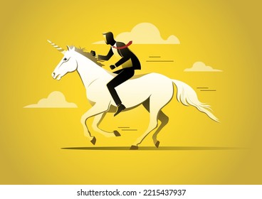 An illustration of a businessman riding a unicorn