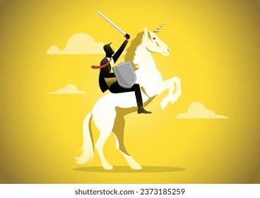 Ilustración de un hombre de negocios montado en un unicornio sosteniendo una espada y un escudo sobre fondo amarillo