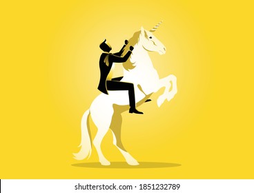 An illustration of a businessman riding a unicorn on yellow background