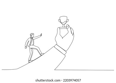 Illustration of businessman run with full effort to reach trophy cup in giant hand. Metaphor for motivation to achieve goal, small win to motivate employee. One line style art
