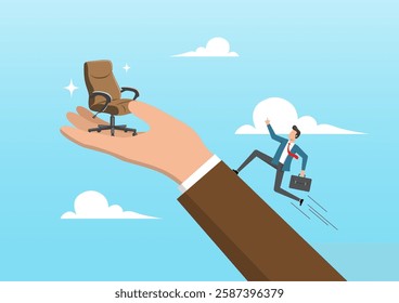 An illustration of a businessman running up big hand to a new office chair. Employment opportunity, career path or motivation for a job promotion position, candidate to find new job concept