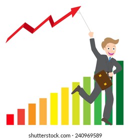 Illustration of businessman running with business arrow wave kite on chart vector.