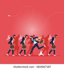 illustration of a businessman running different way from the others after his winder released. Free will