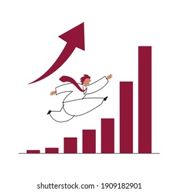 Illustration of a businessman running up a graph. Vector illustration on white background.
