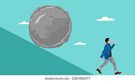 illustration of a businessman running from the rock of problems, investment asset fall down, World economic recession, problem on business, decline concept, Debt problem, finance problem