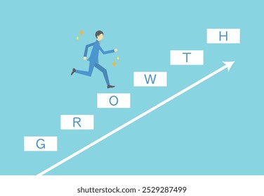 Illustration of businessman running up staircase with GROWTH word