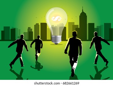 An Illustration of businessman running towards the light bulb