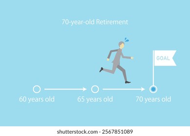 Illustration of businessman running until he reaches goal at 70 years old