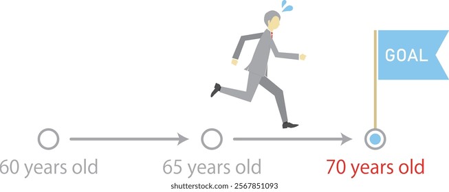 Illustration of businessman running until he reaches goal at 70 years old