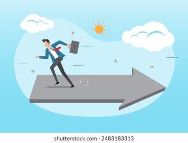 An illustration of businessman running in wrong opposite direction of trend arrow. Wrong direction lead to mistake concept.