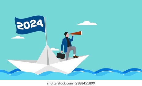 Illustration of a businessman sailing on a paper boat with 2024 waving flag  while scouting for business opportunities using a telescope, business opportunities, happy new year 2024 flat design