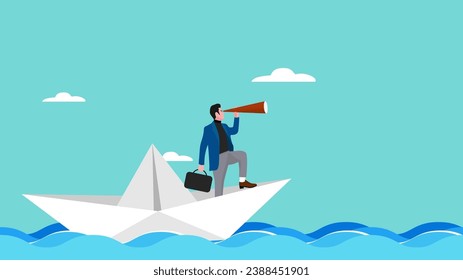 Illustration of a businessman sailing on a paper boat while scouting for business opportunities using a telescope, business opportunities flat design vector illustration
