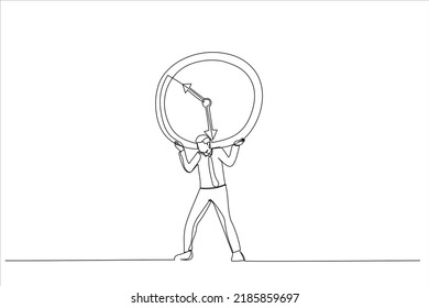 Illustration of businessman salary man carry heavy big clock burden. Time management failure concept. One continuous line art style

