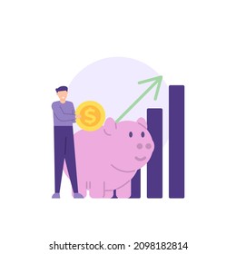 illustration of a businessman saving for future investment. investors. save money. graphs and data. flat cartoon style. vector design. elements, landing page, ui