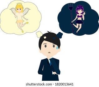 Illustration of a businessman seduced by an angel and a devil