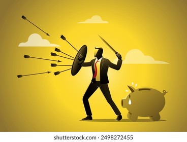 An illustration of a businessman with a shield and a sword is protecting piggy bank from arrow. Financial savings concept