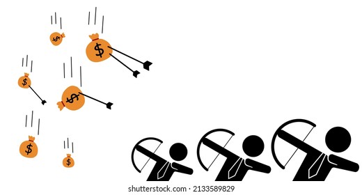 Illustration of businessman shooting bow with arrow for hitting money rain. suitable for any content about "how to make money"