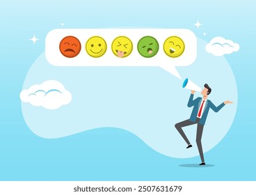 An illustration of businessman shouting with satisfaction emoticon. Customer satisfaction survey, user experience emoticon, angry or smile face review, service quality feedback concept