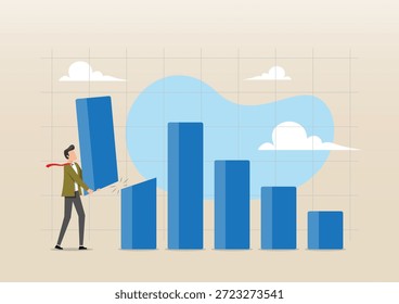 Uma ilustração de um empresário é mostrada ajustando fisicamente uma barra em queda em um gráfico financeiro, simbolizando a correção de mercado, volatilidade e ajuste econômico