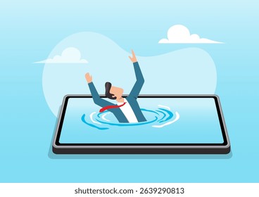 An illustration of a businessman sinking into water that emerges from a giant smartphone screen, symbolizing being overwhelmed by online financial obligations or digital consumption