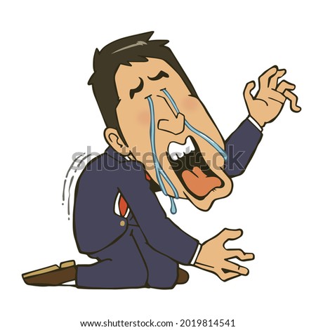 Illustration of a businessman sitting and crying profusely. Vector illustration on white background.