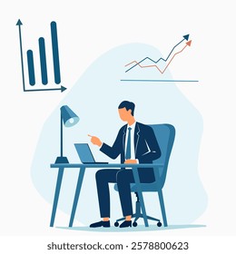 An illustration of a businessman sitting at a desk analyzing data with charts and graphs displayed in the background, symbolizing data analysis and professional work