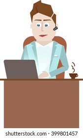 Illustration of a businessman sitting at a desk with a laptop and a cup of coffee
