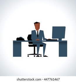 Illustration Of Businessman Sitting At Desk Using Computer