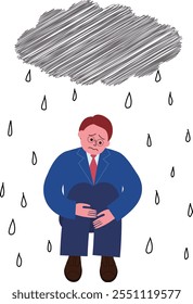 Una ilustración de un hombre de negocios sentado con las rodillas abrazadas, sintiéndose abajo, mientras la lluvia cae de una nube de tormenta sobre su cabeza.