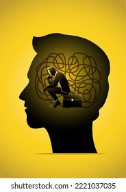 An illustration of a businessman sitting in human head with tangled cords, stress, depression concept