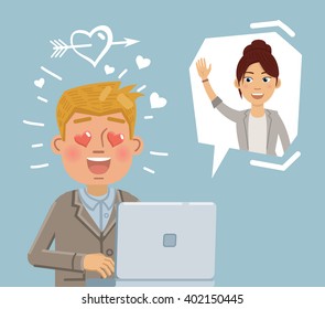 Illustration of a businessman sitting with laptop and chatting with woman through web camera. Online chat. Internet, web dating, flirt, love. Flat style vector illustration